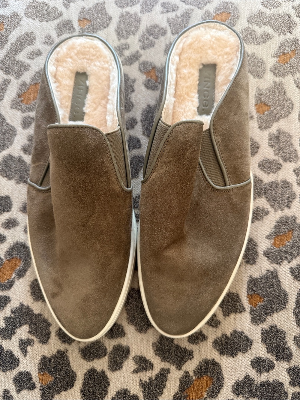 New Vince Olive Green / Brown Suede Shearling-Lined Slip-On Mules
